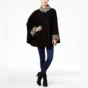 Cejon Fleece and Leopard-Print Faux Fur-Trim Cape
